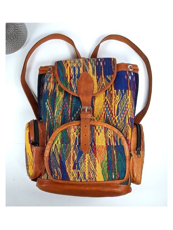 Handmade Woven Backpack Leather Trim Boho Tribal Stripe Ethnic Rucksack Nice! main image 5